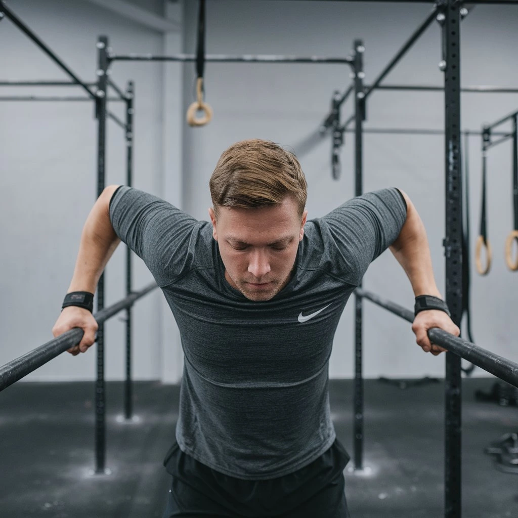 Athlete performing a lift using a parallel barbell for strength training