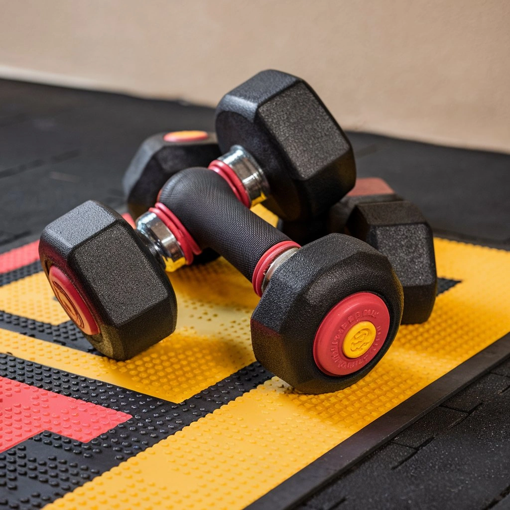 Complete rubber dumbbell set arranged on a gym floor