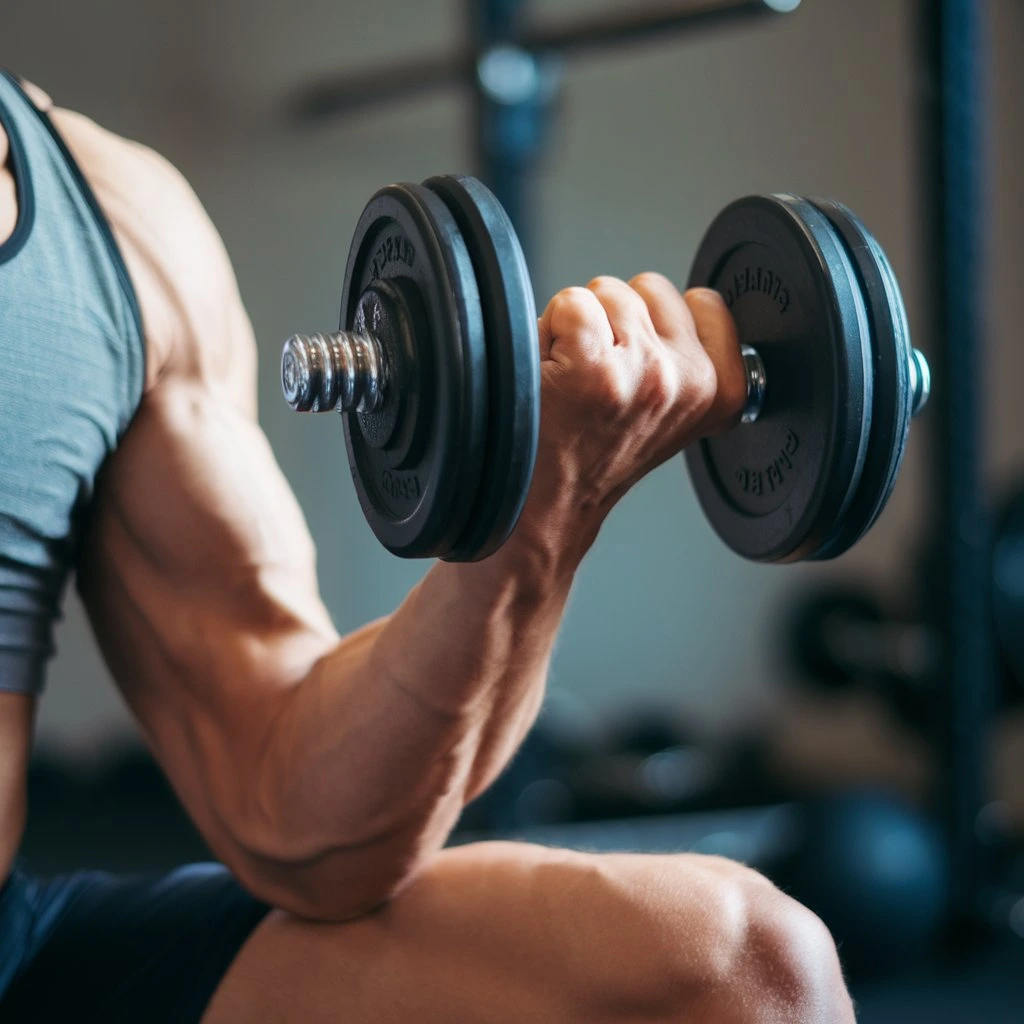 Detailed shot of a forearm dumbbell curl exercise.