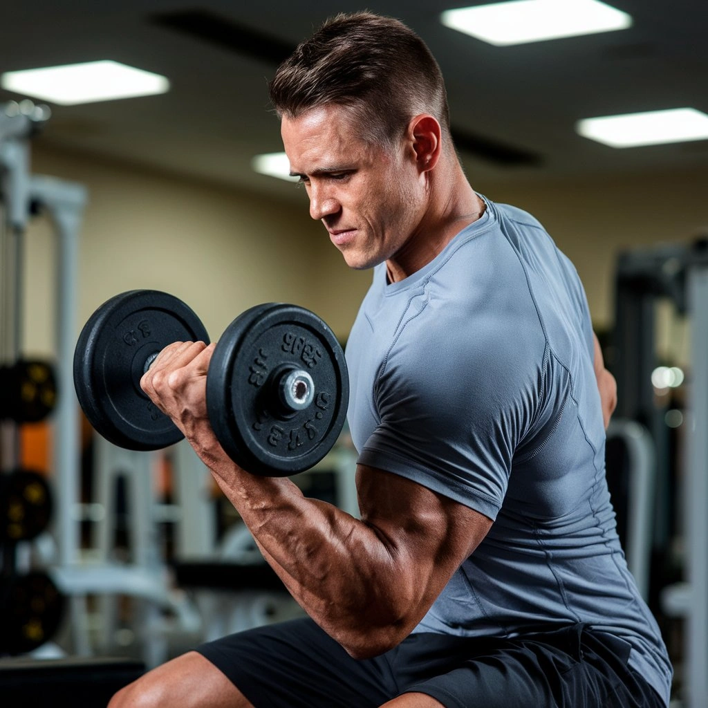 Fitness enthusiast using dumbbells for supination curls to target biceps.