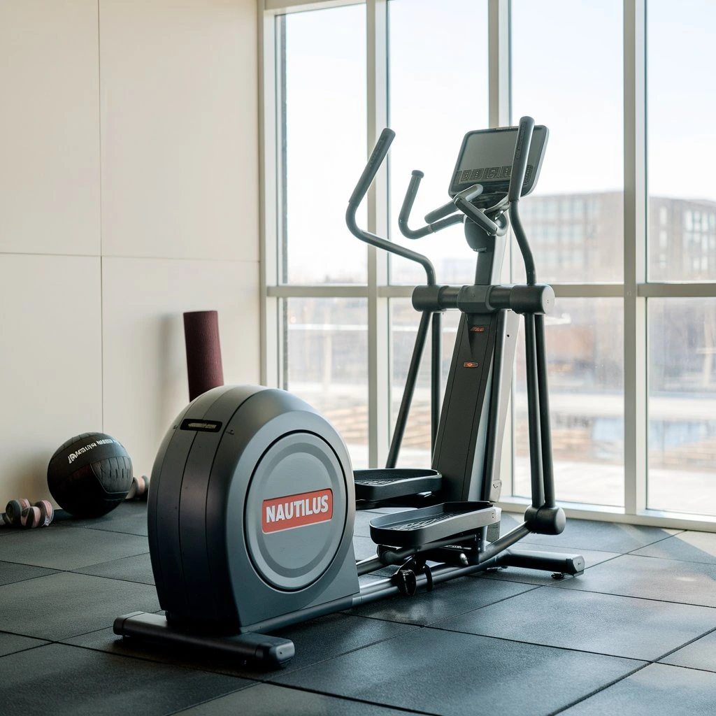 Home gym setup featuring a Nautilus Elliptical Trainer.