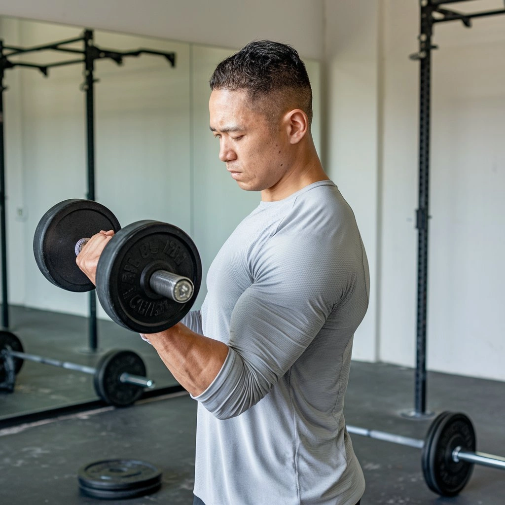 Man performing a supination dumbbell curl for bicep development