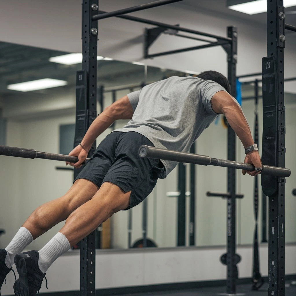 Person executing a bench press with a parallel barbell, showcasing proper form