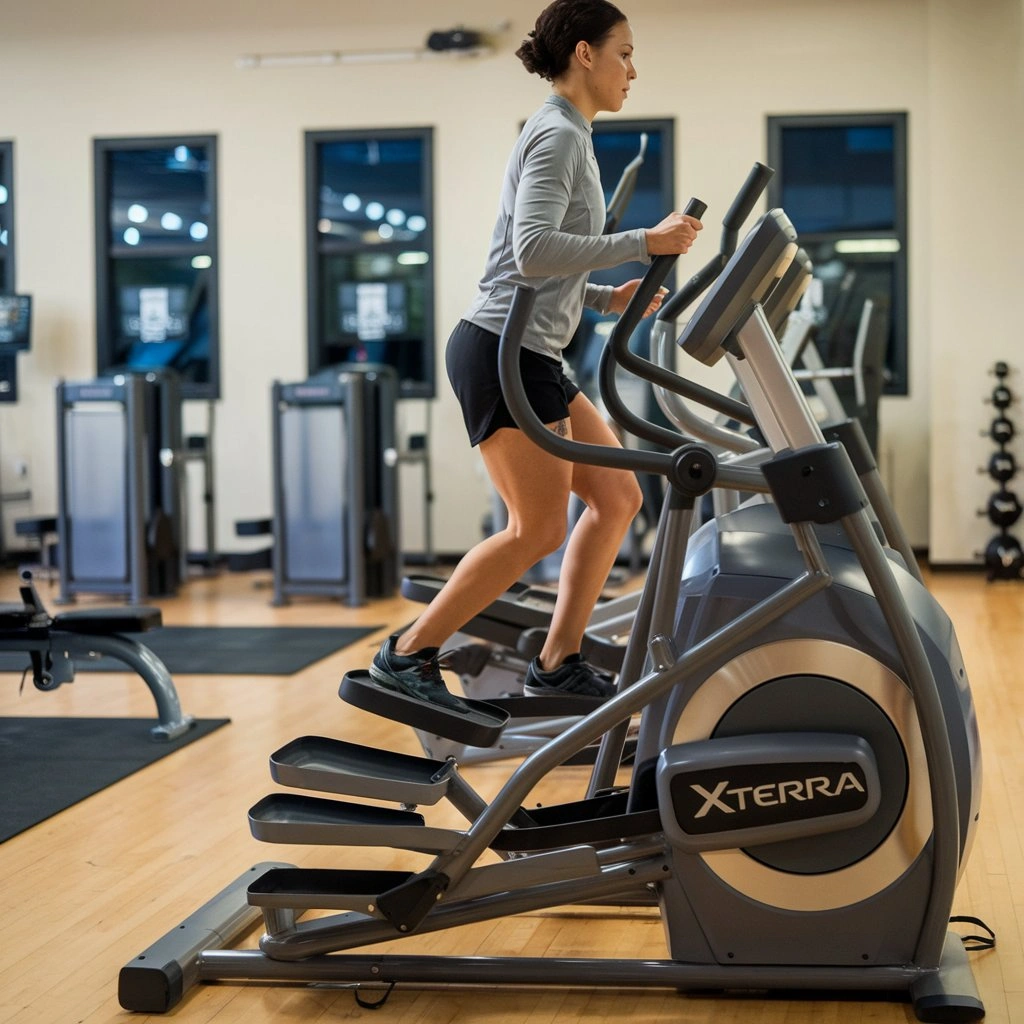 Home gym with Xterra elliptical machine for effective cardio exercises.